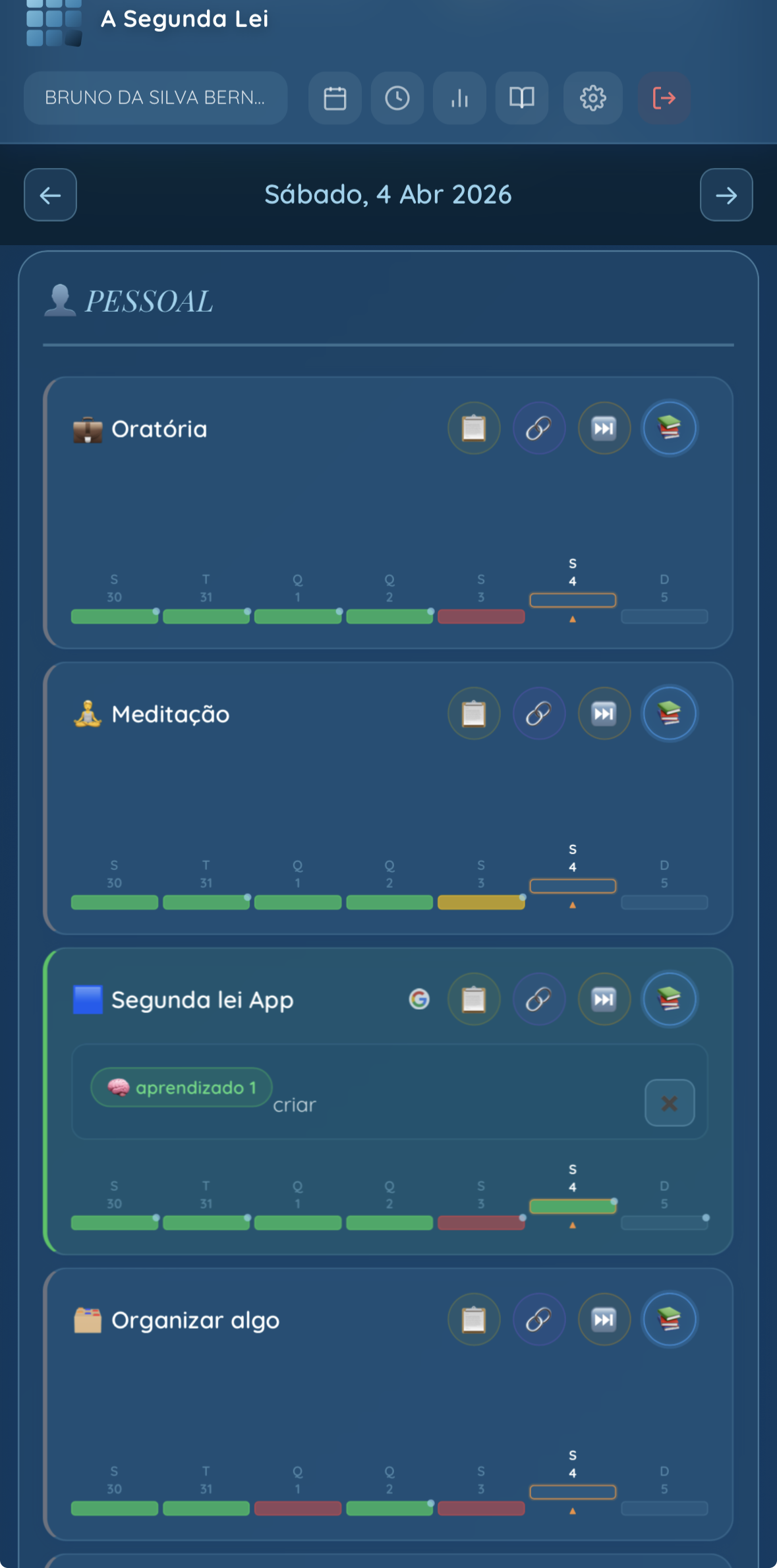 Painel Hoje do App A Segunda Lei categorias pessoais, hábitos e atividades com status em tempo real